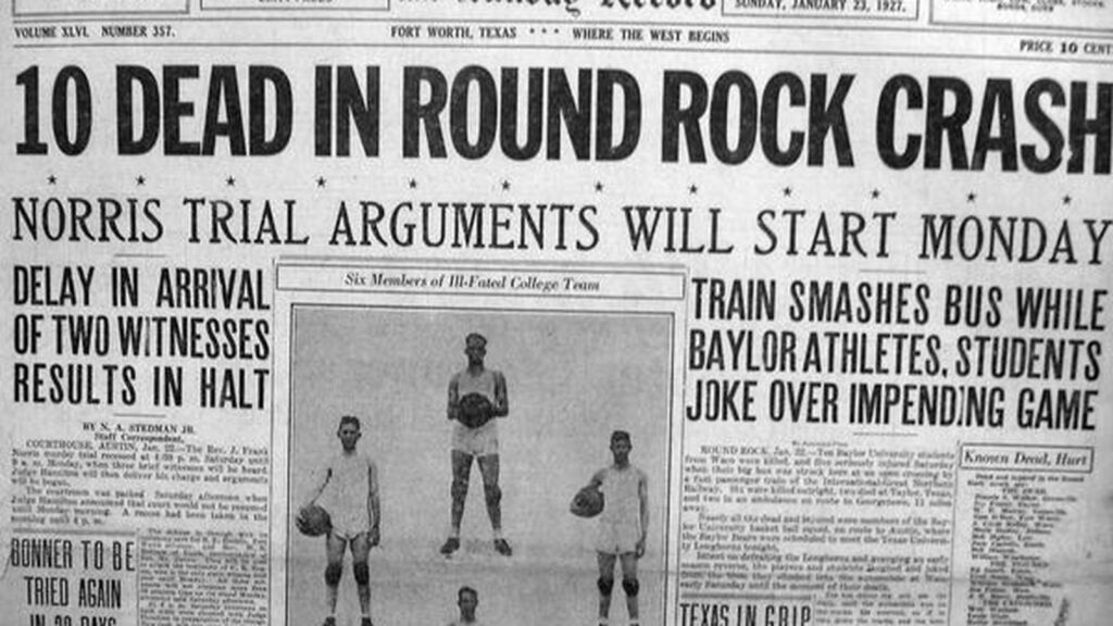 Newspaper article featuring the immortal ten crash